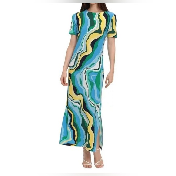 Donna Morgan Blue Riviera Swirl Maxi Dress Short Sleeve Size 10 - Picture 2 of 10